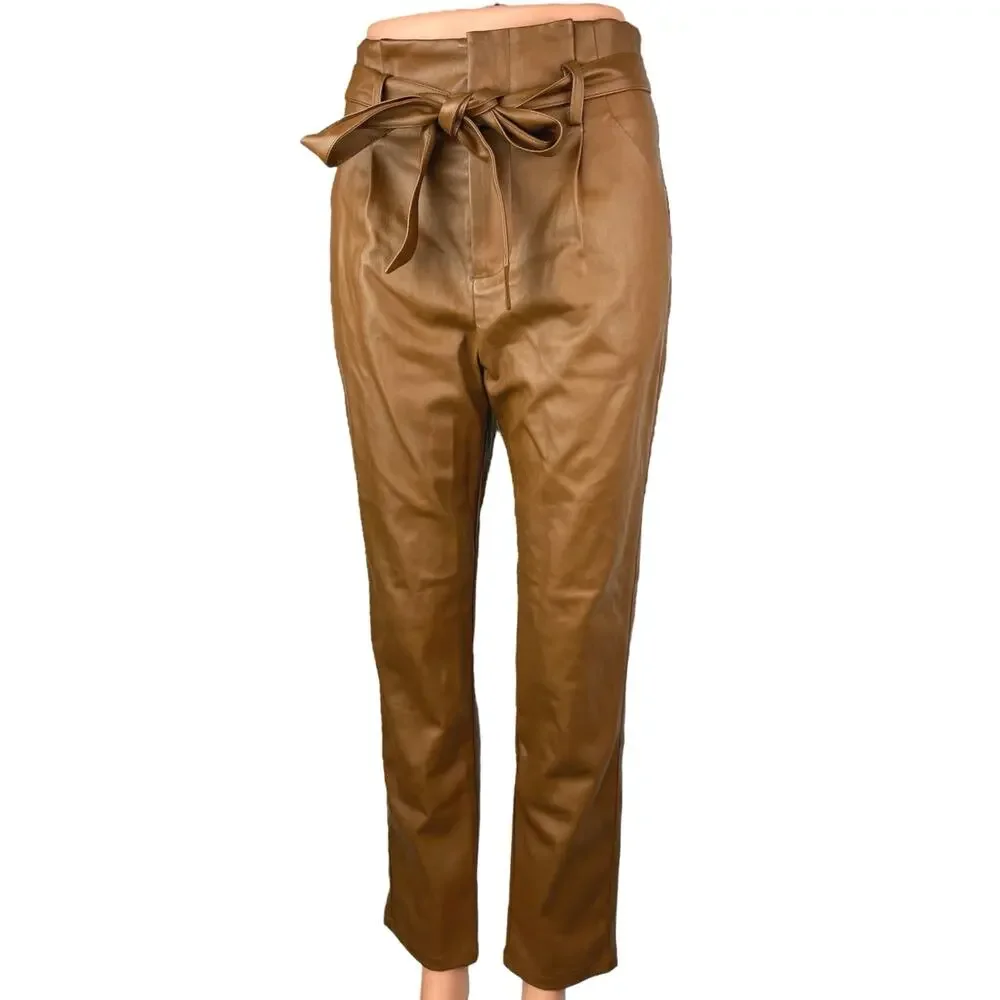 NEW Lucy Paris Brown Faux Vegan Leather Paperbag Tie Belt Trousers Pants Sz S - Picture 1 of 6